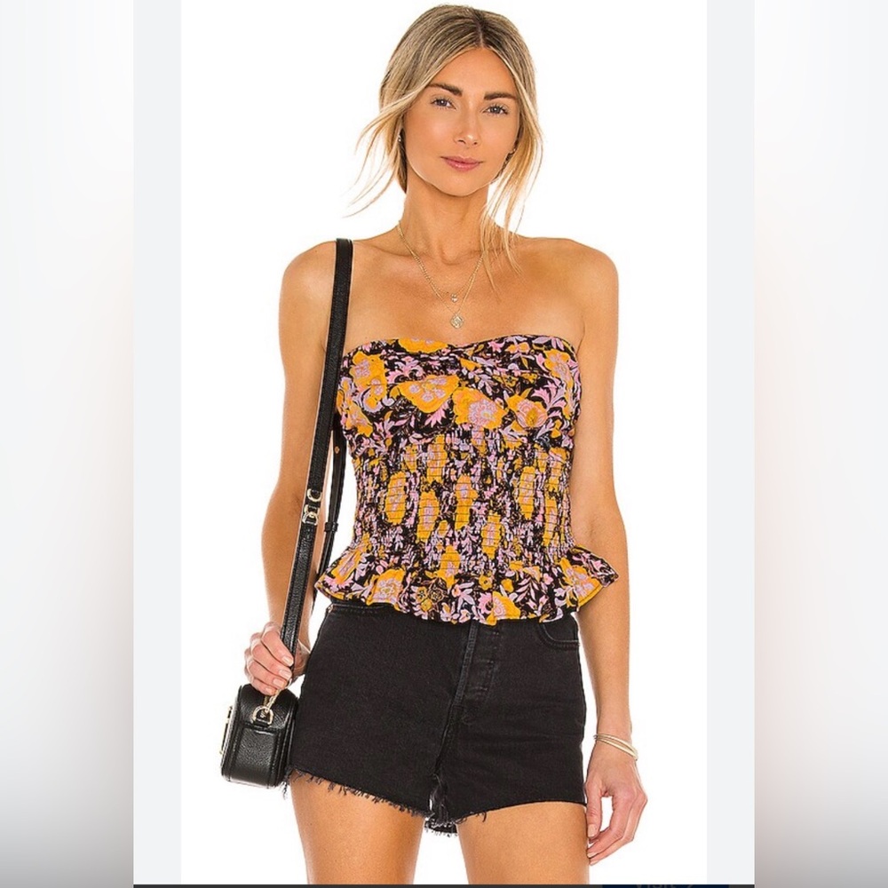 Free People Strapless Floral Smocked Peplum Top